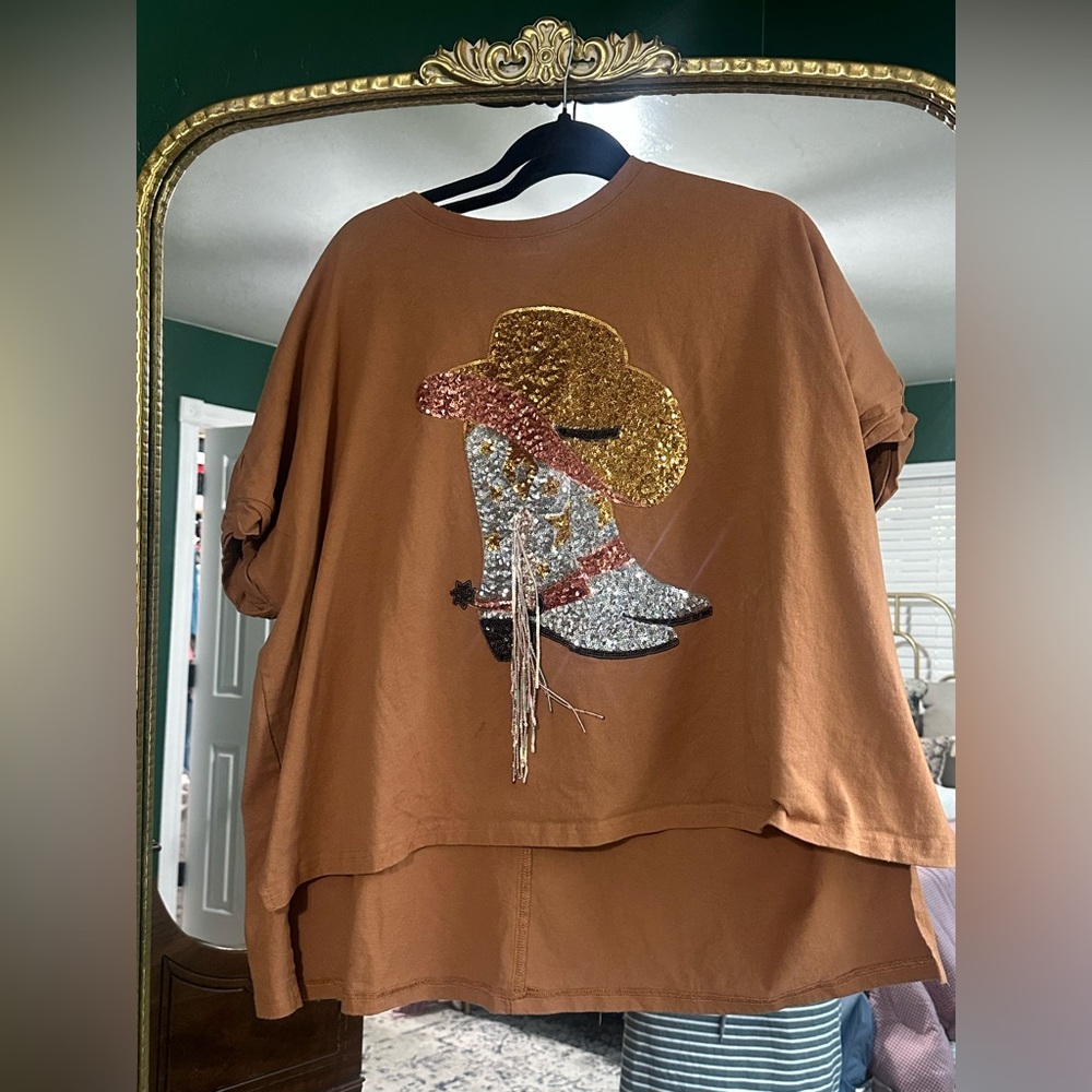 Rust Sequin Cowboy Hat Graphic Long Sleeve Top